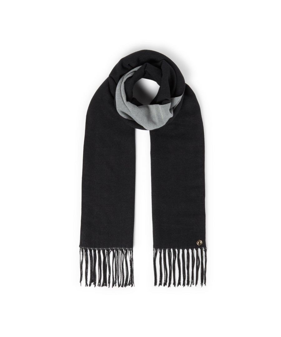 Instantly elevate any outfit with the addition of this warming scarf. Features a double sided camel and cream soft scarf for winter layering. Made from 83% Polyester and 17% Viscose.