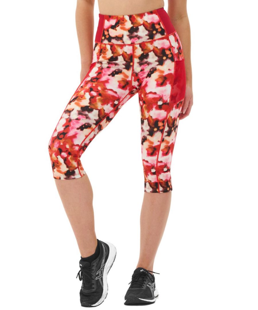These Energy Printed Mesh Panel Capri Leggings from Pour Moi feature handy mesh side pockets so you can keep your essentials close by and a hidden key pocket. The high waist fit is flattering on the hips and compliments your midsection. The sweat-wicking fabrics make these leggings perfect for your Cardio sessions and the Capri design keeps your legs free and cool. The bold print adds a touch of femininity to the leggings.\n\nSide pockets and hidden key pocket\nSweat-wicking materials\nPour Moi Branding on back\nHigh waisted\nComposition: 78% Polyamide | 22% Elastane\n\nListed in UK sizes