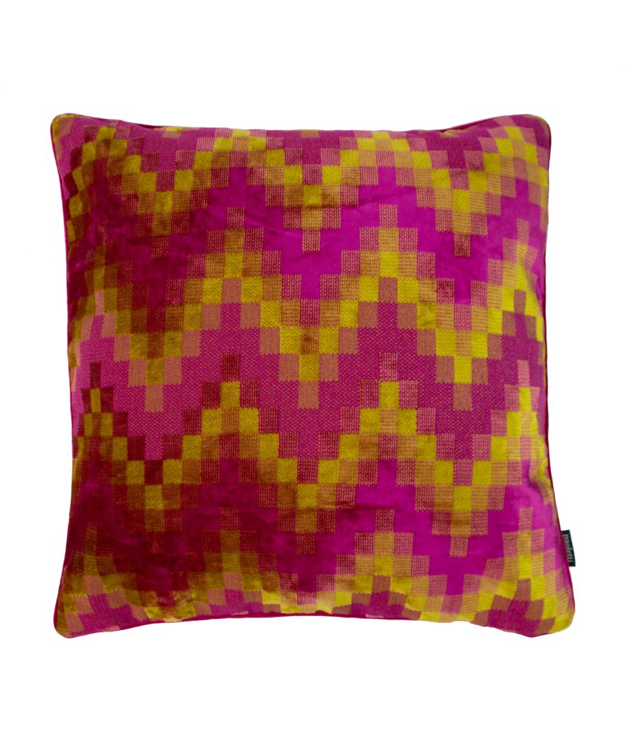 Packed with retro style, this fascinating cushion reselambles a pixelated theme. This design is a modern take on a classic geometric theme. Complete with a chevron emboirdered design, this cushion features an ombre colour palette, piped edges and hidden zip closure.
