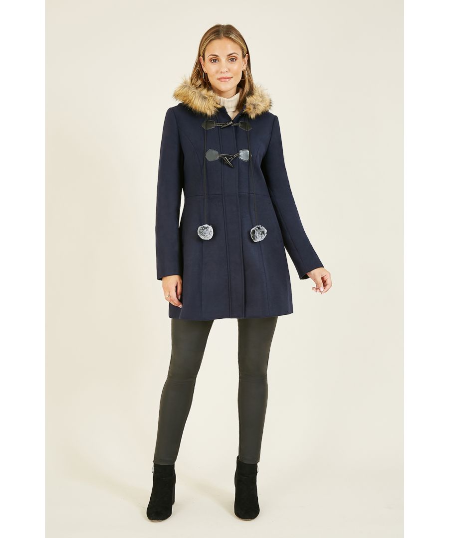 Image for Yumi Navy Duffle Coat With Fur Trim