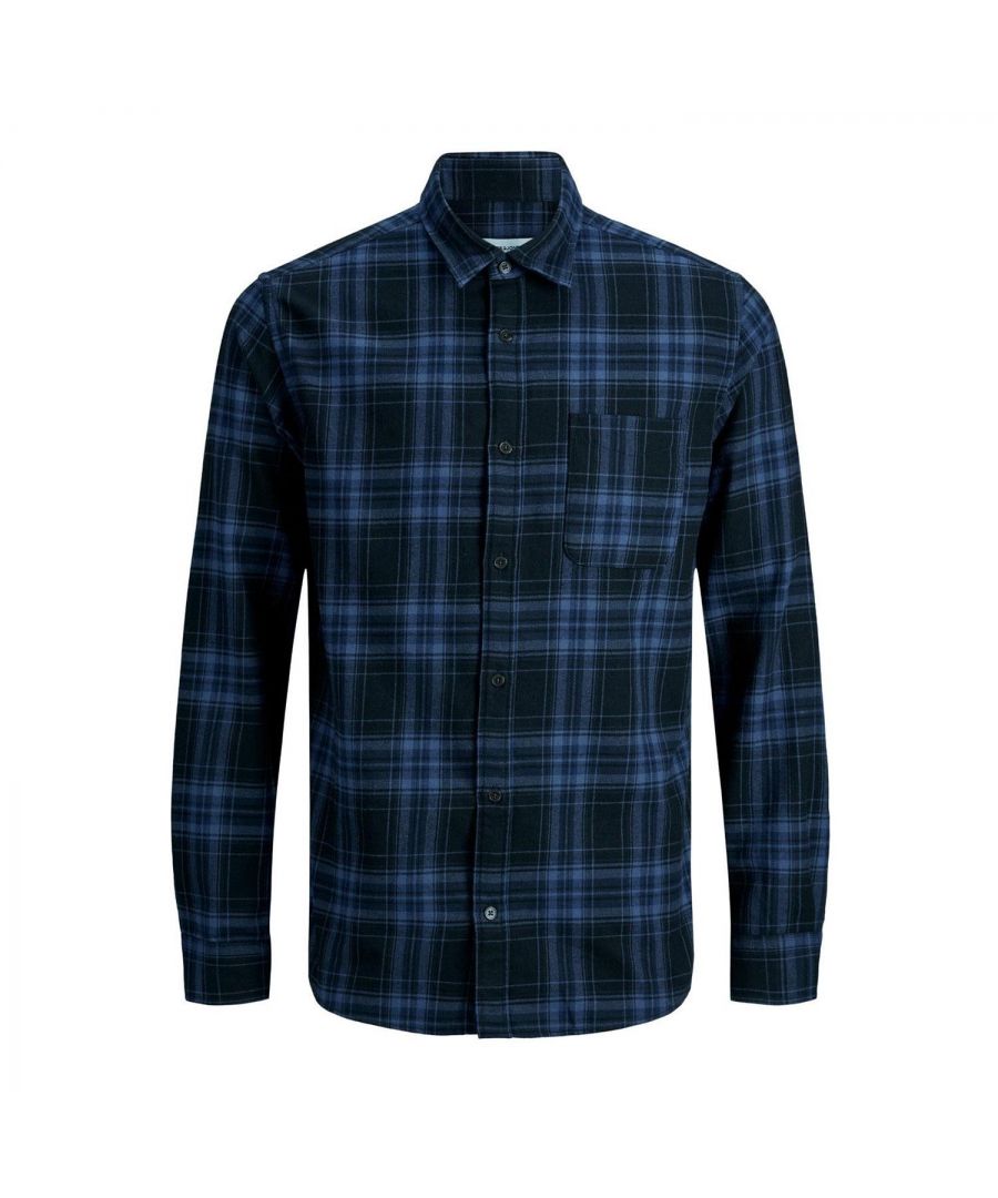 Image for Jack & Jones Men's Casual Checked Shirt, Single Pocket, Button Cuff, Black