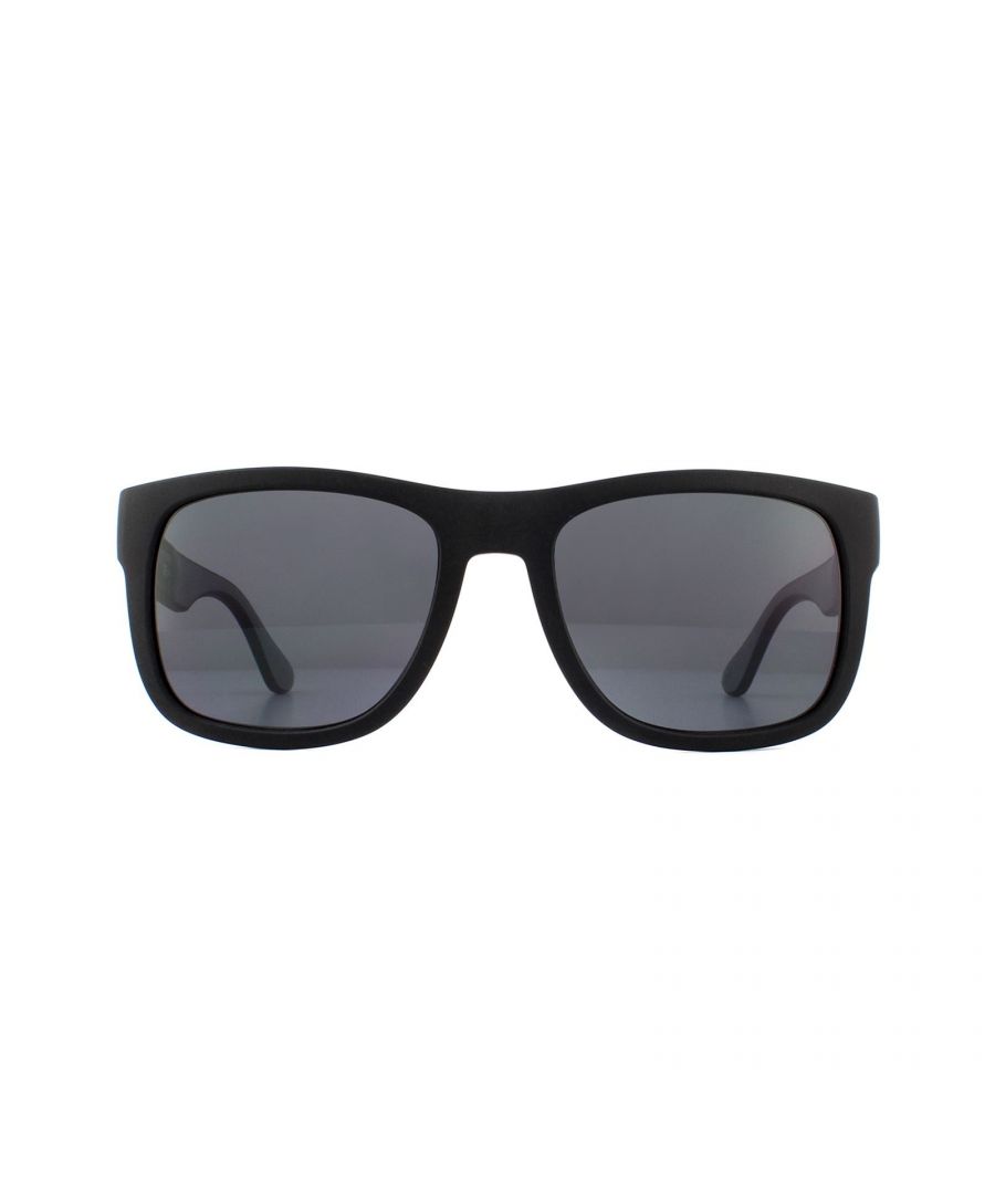Tommy Hilfiger Sunglasses TH 1556/S 08A IR Black Grey have a simple rectangular shape with minimalist design on a classic shape. The Tommy Hilfiger colours appear at the temples for a classy colour finish.
