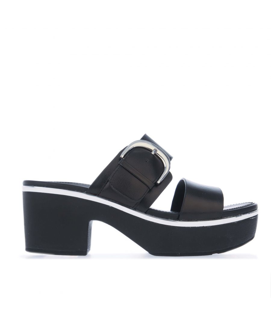 Womens Fit Flop Pilar Mixed Metallics Platform Sandals in black.- Leather upper.- Stud detailing and a shiny  adjustable  statement buckle.- CushX™ midsole. - Underfoot cushioning inside a firm shell.- Fit Flop branding.- Slip-resistant rubber outsole. - Leather upper  Leather lining  Synthetic sole. - Ref: DP5090
