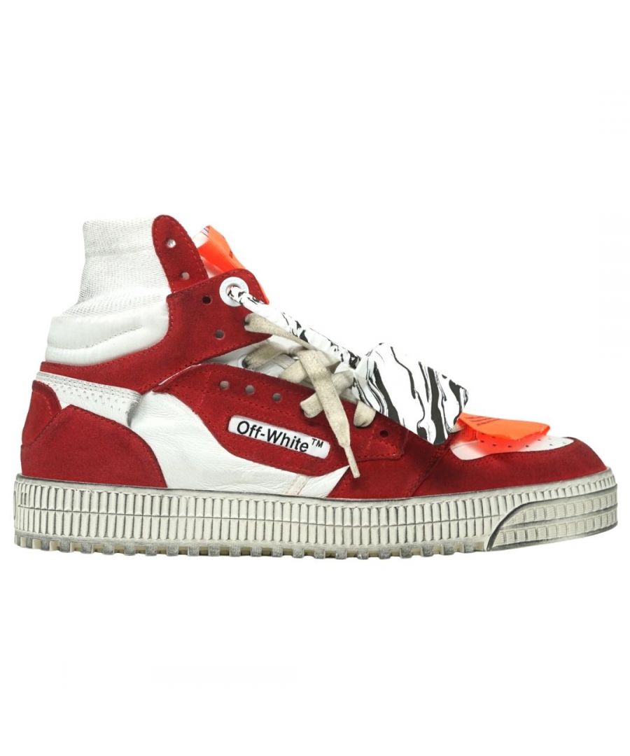 Off-White Red Trainers. Off Court White Sneakers With Red Design. Rubber Sole, 100% Textile Sock. Arrow Design. Style Code: OMIA065E20LEA0020125