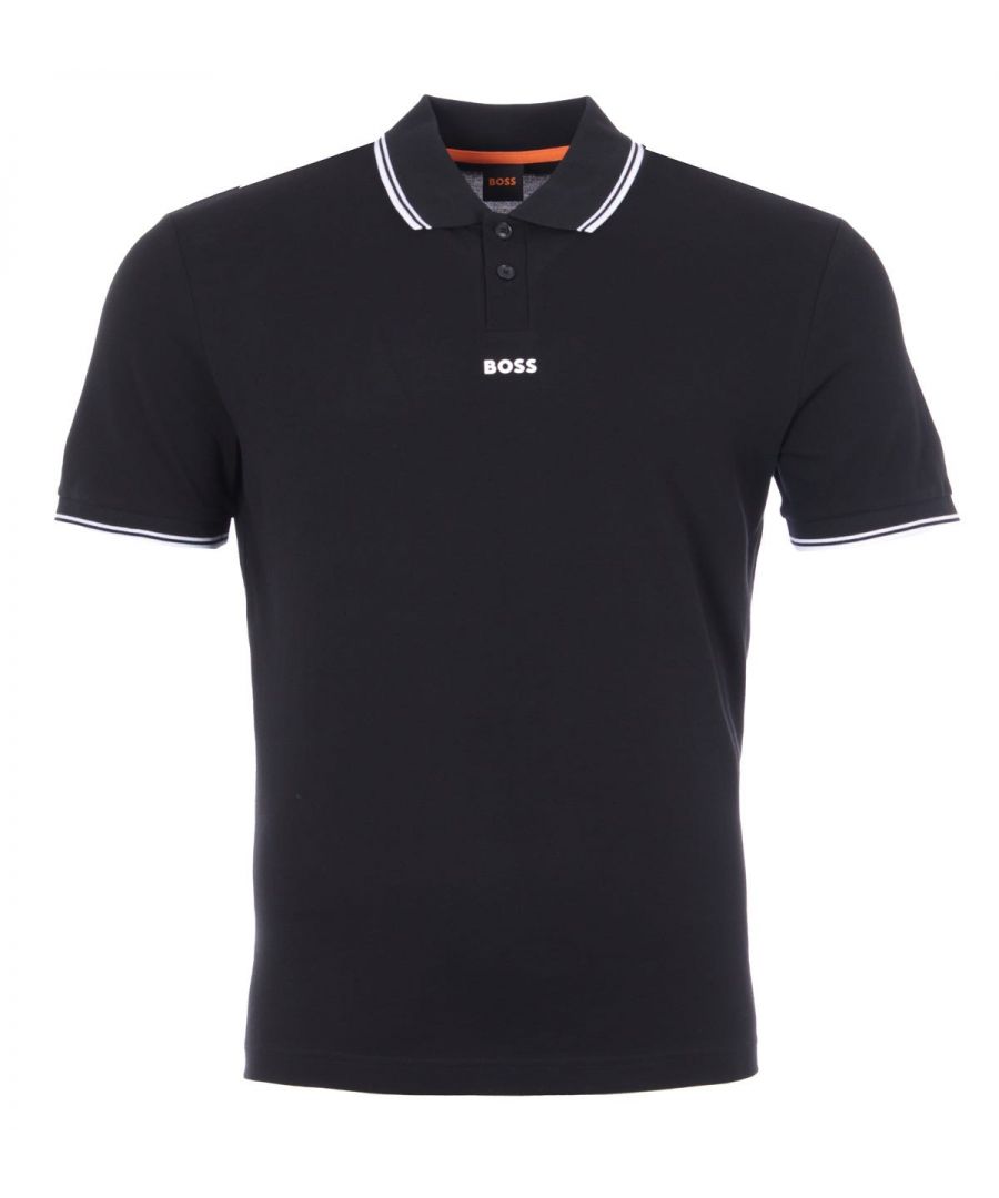 A classic polo shirt with signature BOSS detailing, crafted from sustainably sourced made in Africa cotton pique providing day long comfort and breathability. Featuring a rib-knit polo collar, two button placket, short sleeves with ribbed cuffs and contrast tipped detailing at the collar and cuffs for a sporty touch. Finished with the iconic BOSS logo rubberised centre chest.Cotton made in Africa - an initiative of the Aid by Trade Foundation, one of the world\'s leading standards for sustainably produced cotton.\nRegular Fit, Sustainably Sourced Cotton Pique, Two Button Placket, Short Sleeves, Rib Trims, Contrast Tipped Detailing, BOSS Branding. Style & Fit:Regular Fit, Fits True to Size. Composition & Care:100% Cotton, Machine Wash.