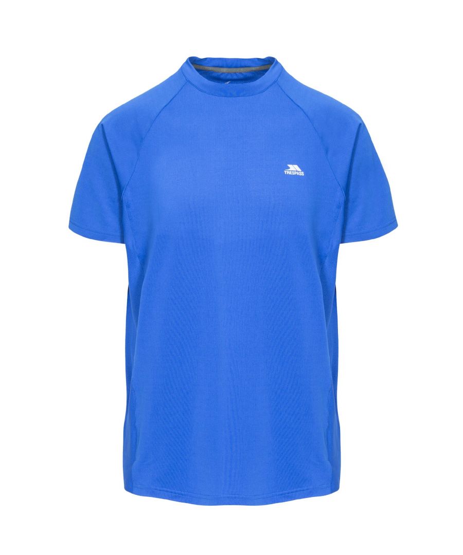 Short sleeves. Round neck. Contrast mesh panels. Concealed zip rear pocket. Reflective print. Quick dry. Wicking. 4 way stretch. Main: 90% Polyester/10% Elastane, Mesh: 100% Polyester. 150gsm. Trespass Mens Chest Sizing (approx): S - 35-37in/89-94cm, M - 38-40in/96.5-101.5cm, L - 41-43in/104-109cm, XL - 44-46in/111.5-117cm, XXL - 46-48in/117-122cm, 3XL - 48-50in/122-127cm.