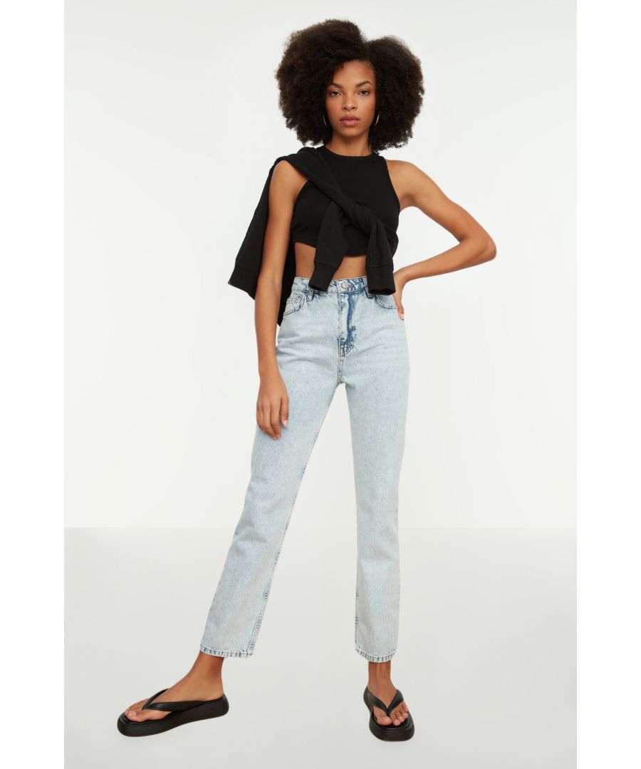 Trendyol WoMens High Waist Straight Jeans - Blue Cotton - Size EU 34 (Womens)