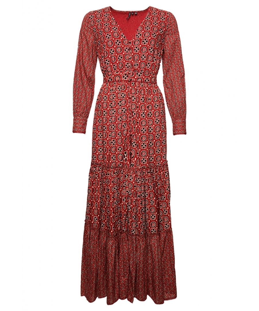 Taking you back to then 1970's bohemian style, the Limited Edition Dry Printed Maxi Dress, featuring an all over red block print allowing you to stand out this season. Perfect for dressing up or down, style to suit you and complete the look your way.Limited EditionMaxi styleClassic V-necklineLong sleevesMain button fasteningTwo side pouch pocketsButton cuffsTiered hem designAll over red block printSignature Dry stitching