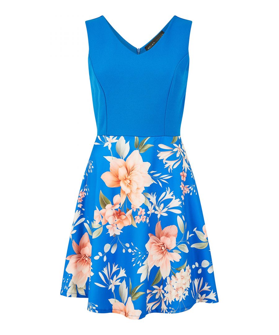 A new take on a classic shape with the Mela Blue Floral Skater Dress. The sleeveless design features a plain Blue bodice, v neckline, and a floral printed skirt with a complimentary scope of florals. This dress sits just above the knee and has that classic fit and flare feel that is so flattering. Wear with heels and a bolero for summer invites or throw in your suitcase for a great holiday choice.