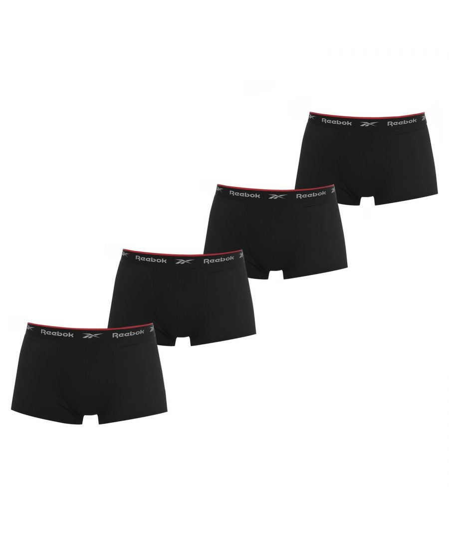 Reebok 4 Pack Trunks Mens This pack of 4 mens trunks from Reebok feature a cotton blend construction with a branded, elasticated waistband for a comfortable fit. > Mens trunks > 4 pack > Elasticated, branded waistband > Machine washable