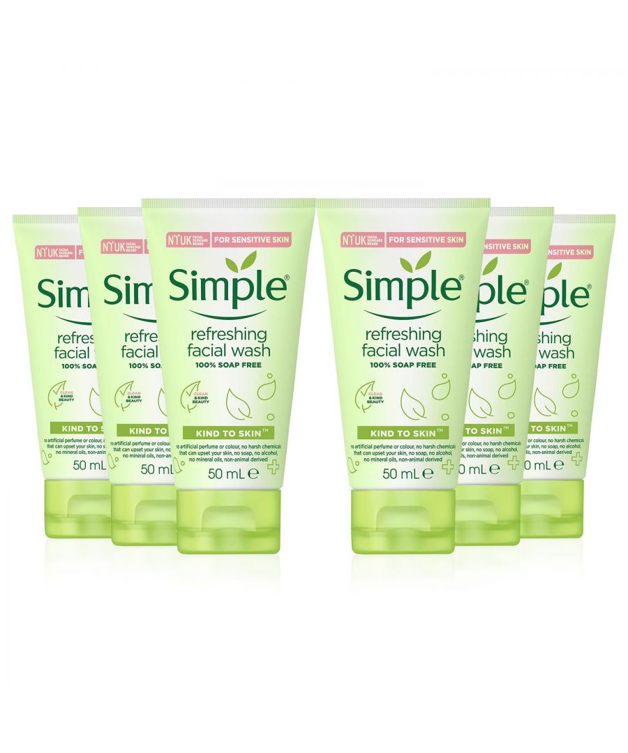 When your skin is refreshed and revived, it brightens up your beauty routine! Our Simple Kind to Skin Refreshing Facial Wash Gel is ideal to use each morning to gently cleanse and refresh your skin for the day ahead, or in the evening to help wash away the day's dirt and impurities. The special blend of ingredients, including Pro-Vitamin B5, helps to soften and gently cleanse skin; the gel formula feels lightweight and refreshing and is 100% soap-free. Like all of our products, this face wash is perfect even for sensitive skin.\n\nFeatures: \nSimple Kind To Skin Refreshing Facial Wash is a skin cleanser that thoroughly cleanses and keeps your skin revived\nOur best facial cleanser washes away dirt, oil and impurities without leaving skin feeling dry\nThis Face wash is 100 % soap-free, perfect for even sensitive skin and a great facial cleanser\nThis face wash is non-comedogenic, hypoallergenic, dermatologically tested and approved\n\nHow To Use :\nWet face with warm water\nSqueeze a small amount into your hands and work into a lather\nMassage gently in a circular motion onto wet skin\nRinse with warm water and pat dry. Avoid delicate eye areas\n\nSafety Warning: For external usage only. Avoid getting into your eyes. As we are always looking to improve our products, our formulations change from time to time, so please always check the product packaging before use.