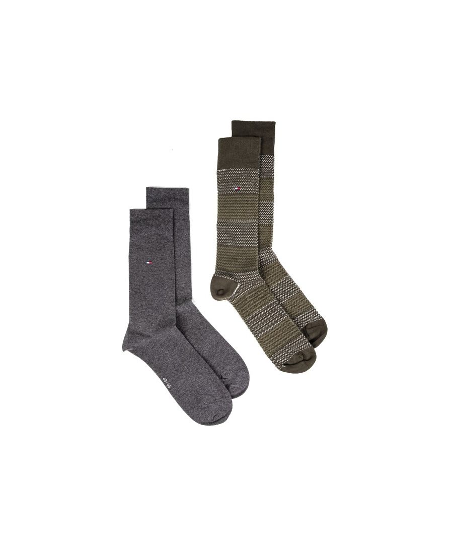 Mens green Tommy Hilfiger 2 pack casual socks, manufactured with cotton. Featuring: twin pack, woven branding, 100% cotton, medium fits uk 6-8 and large fits uk 9-11.