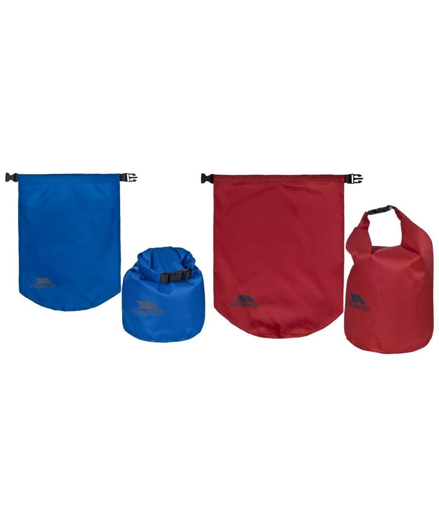 2 Pack Drybags. 10L Blue Bag. 15L Red Bag. Roll & Snap Closure. 100% 190T Diamond Ripstop Polyester PU Coated. Waterproof 2000mm. Taped Seams.
