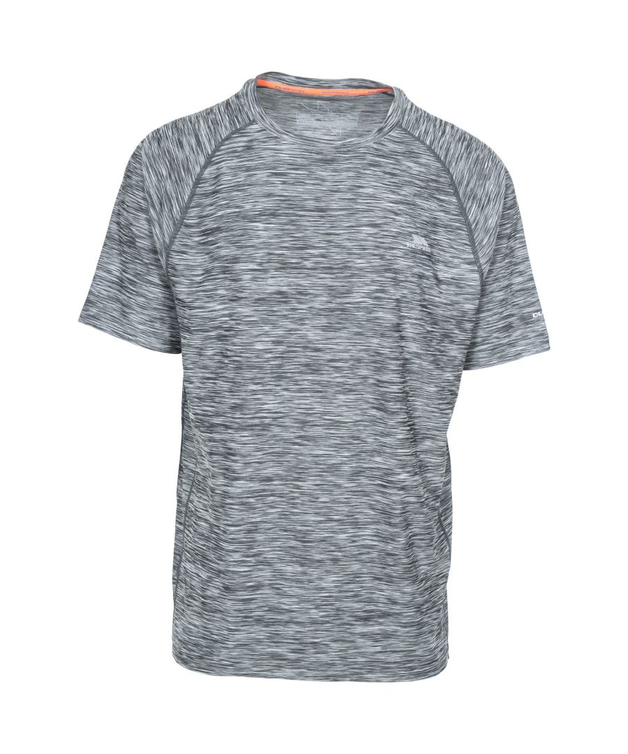 Short sleeve. Round neck. Raglan sleeve. Reflective printed logos. Wicking. Quick dry. 91% Polyester, 9% Elastane. Trespass Mens Chest Sizing (approx): S - 35-37in/89-94cm, M - 38-40in/96.5-101.5cm, L - 41-43in/104-109cm, XL - 44-46in/111.5-117cm, XXL - 46-48in/117-122cm, 3XL - 48-50in/122-127cm.