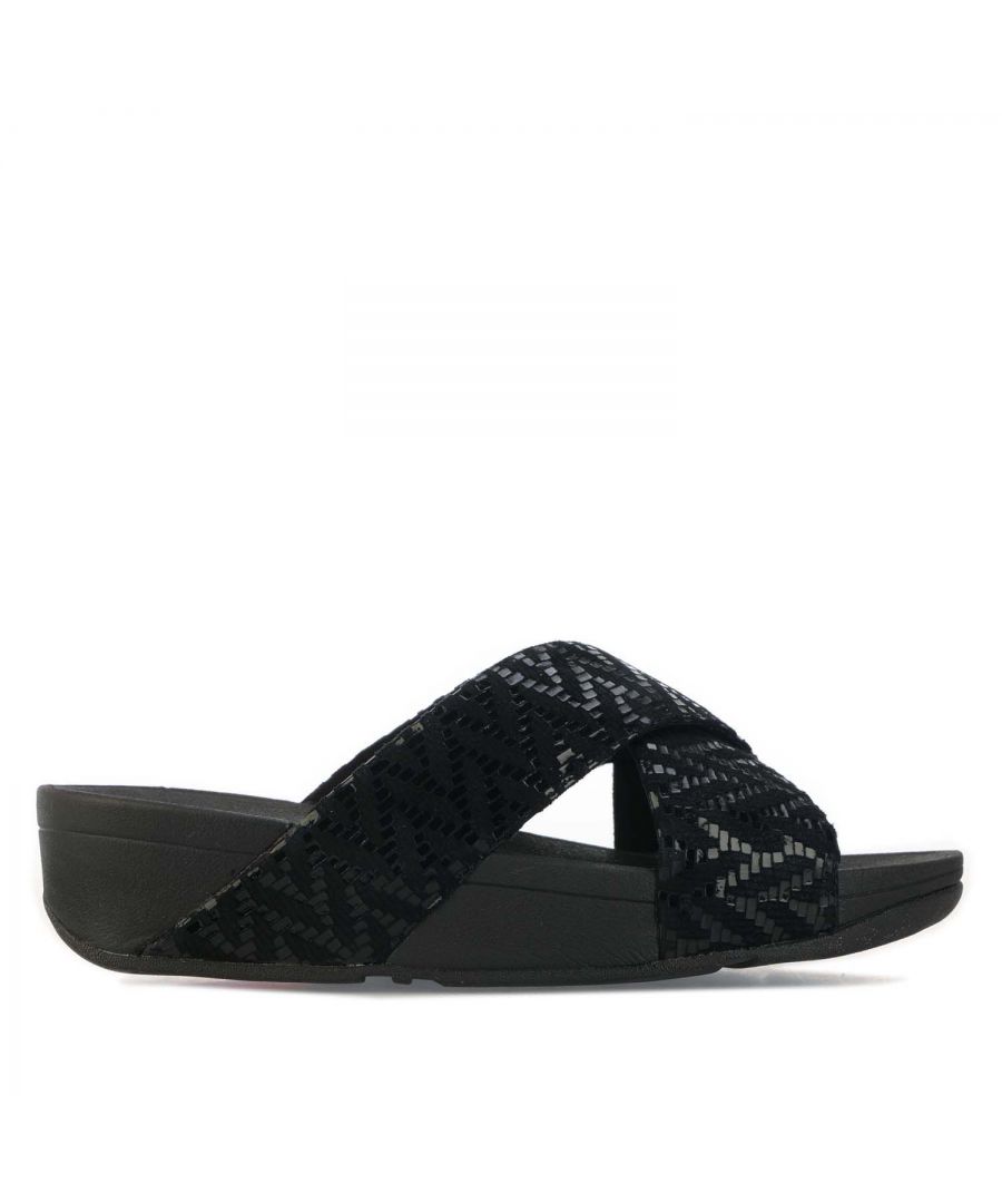 Womens Fit Flop Lulu Chevron Suede Slide Sandals in black.- Leather upper.- Slip on fastening.- Softly padded  microfibre-lined uppers allow feet to breathe.- Seamless built-in arch contour.- Biomechanically engineered.- Softly shimmering foil-printed suede  featuring a chevron design.- Pressure-diffusing standard Microwobbleboard midsoles.- Slip-resistant rubber outsole. - Ref: T96001