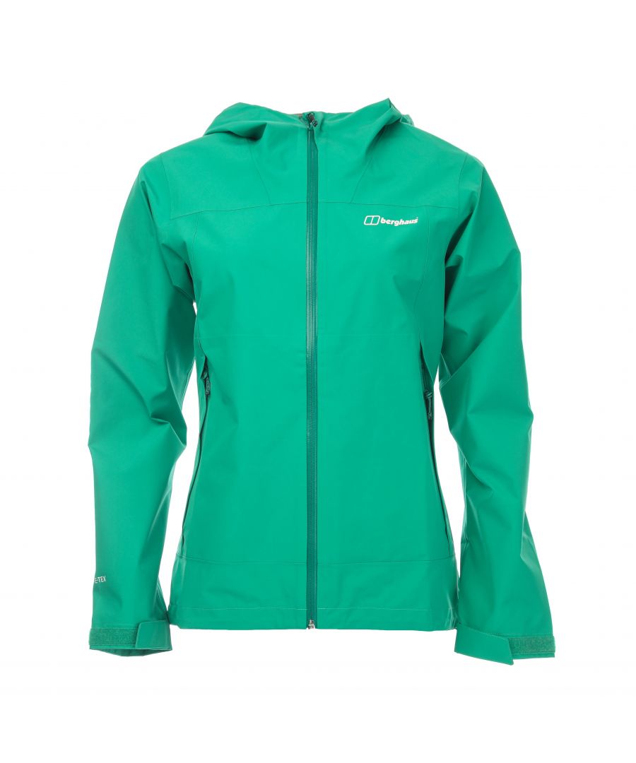 Womens Berghaus Paclite Dynak Shell Jacket in green.- Adjustable hood with stiffened peak and chin guard.- Articulated sleeves.- Two zipped hand pockets.- Hook-and-loop adjustable cuffs.- Dual adjustment  dropped length  hem.- 2L GORE-TEX® Paclite.- Lightweight  packable waterproof.- Body: 100% Polyester with Eptfe Membrane.- Ref: 4A001055E22