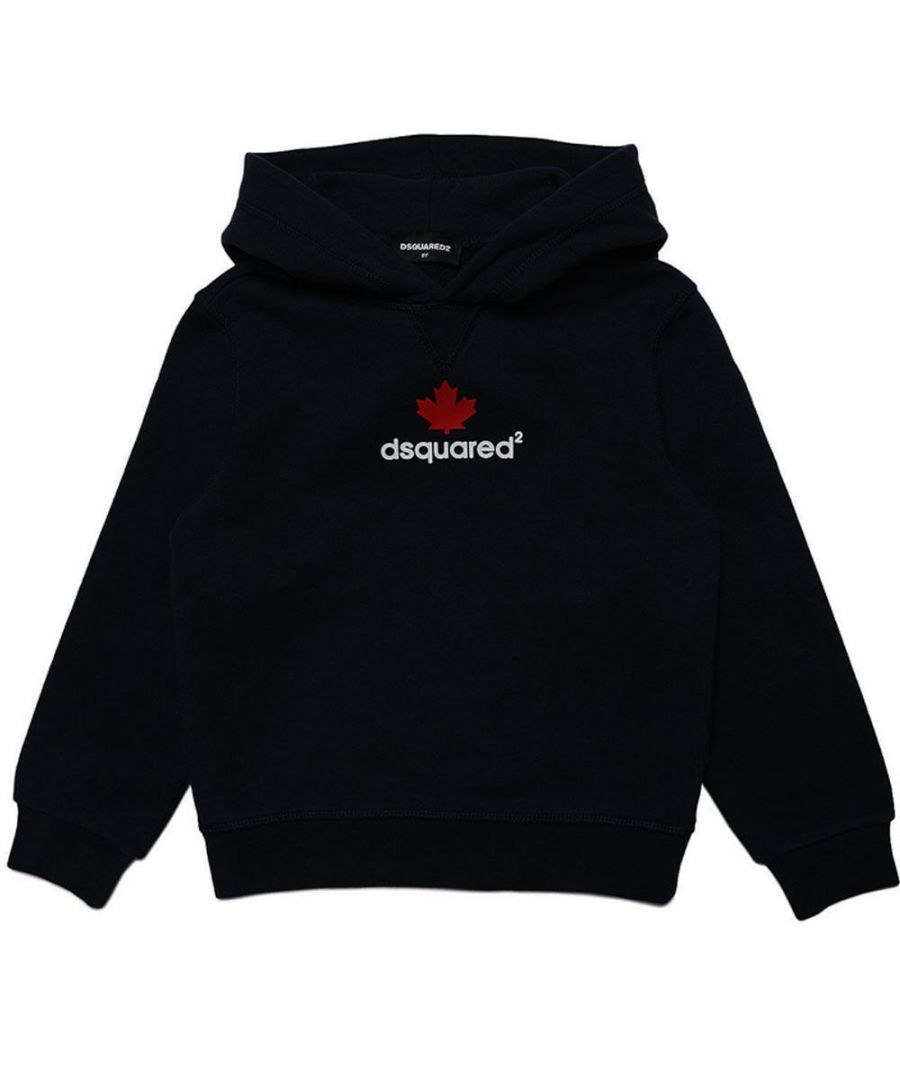 This Kids Black logo Hoodie from Dsquared2 is crafted from cotton and features a classic hood, long sleeves, an elasticated cuffs, elasticated hem and the logo print at the front.\n\ncotton\nlogo print to the front\nclassic hood\nlong sleeves\nelasticated cuffs\nelasticated hem