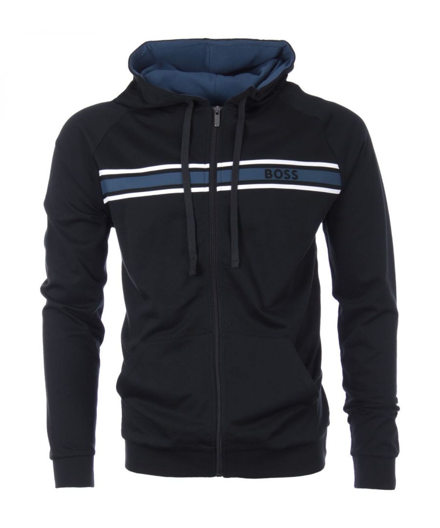 Mens Hugo Boss Hoody in black.- Hooded.- Full zip fastening.- Kangaroo pocket.- Contrast hood lining and drawcords.- Two-tone stripes and BOSS branding at the chest.- Regular fit.- 100% Cotton.- Ref: 50473428B
