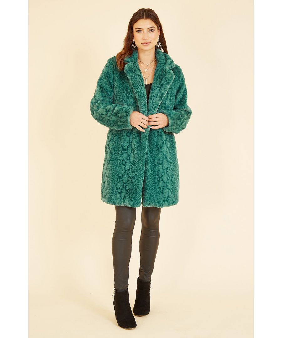 Green Snakeskin Print Faux Fur Coat