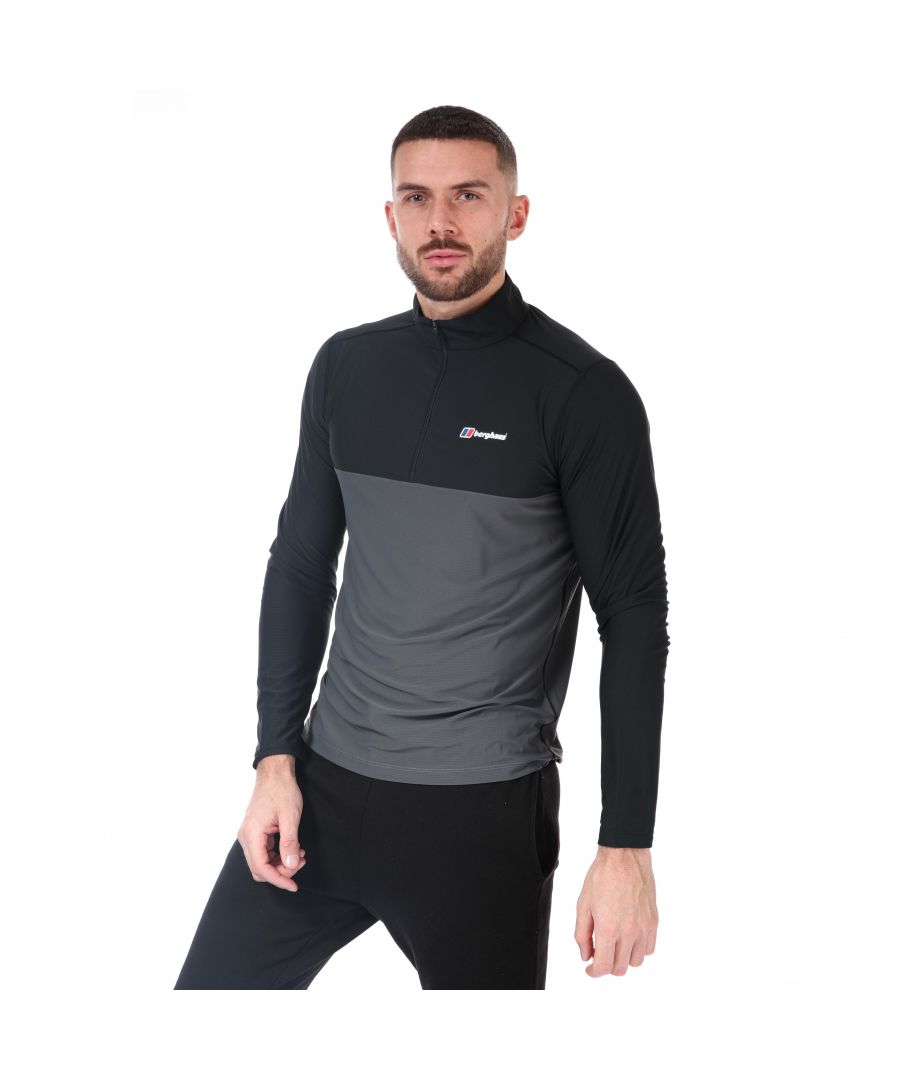 Mens Berghaus 24-7 Block Base Zip Top in black grey.- Half zip fastening.- Berghaus logo to left chest and back of neck.- Lightweight and moisture wicking.- Snug overhead-style design.- ARGENTIUM™ sweat-wicking fabric.- Body: 100% Polyester. - Ref: 4A001355CX3