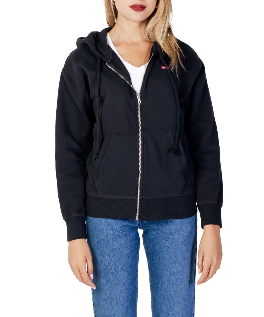 Long-sleeved sweatshirt with hood, 2 central pockets, zip, application, logo Cotton