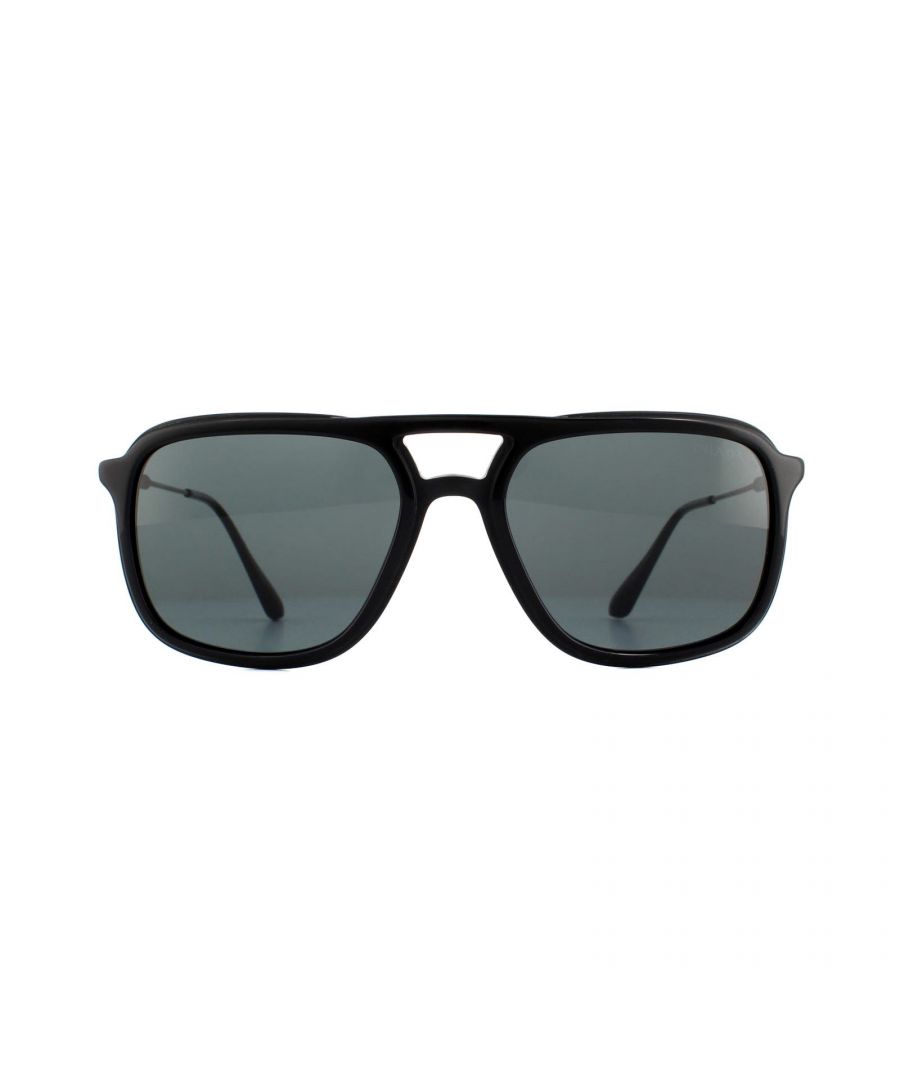 Prada Sunglasses PR 06VS 1AB1A1 Black Grey are a part of the conceptual collection for 2019. A squared aviator acetate frame front has a contemporary feel that contrasts against the super slim metal plaque temples. A squared double bridge and milled profile create a striking look for the modern man.