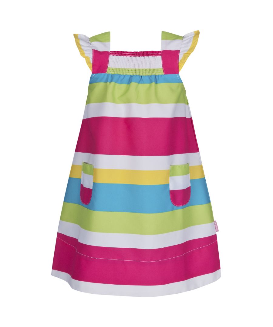 Baby girls dress. 2 patch pockets. Elasticated panel on chest. Frill over shoulder. Two styles: floral, stripe. 100% Polyester microfibre.