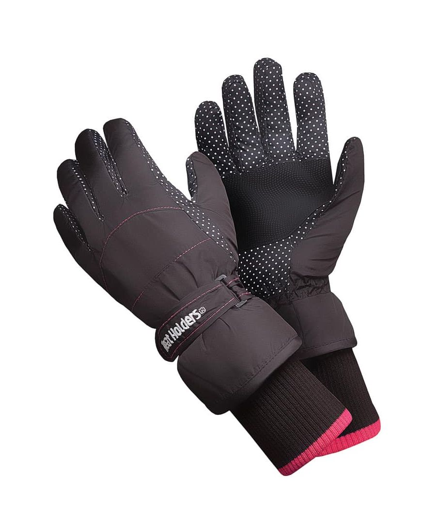Heat Holders Thermal Ski GlovesWhether to go skiing in, or for general use in the snow, these Heat Holders Ski Gloves will suit the job. Normal Gloves can get freezing and damp after a while out in the snow, that is why these shower and wind proof Gloves have been made, to make sure your hands are kept warm and dry throughout the day!These Gloves have an outer which will keep away showers and wind, while the lining of the Gloves in the soft and fleece-like HeatWeaver Lining, which is Heat Holders plush fur lining which keeps the maximum amount of heat close to the skin for longer. They also have an adjustable wrist strap to help you get the best fit, as well as a longer cuff which hugs the wrist to keep in the warm air and stop wind and cold air from coming in. The palm and thumb of these Gloves has extra grip to make sure that you have full control of your hands while skiing or any other activity. These ladies ski Gloves come in 2 sizes S/M and M/L and have polka-dot patterned panels on them to give them some cute femininity. Mens sizes are also available. Extra Product Details- 1 Pair- Thermal Ski Gloves- HeatWeaver Fleece lining- Adjustable wrist strap- Comfortable cuff- Palm / thumb grip- 2 sizes- Wind & Shower proof- Great for skiing- Outer: 100% Acrylic. Inner: 100% Polyester