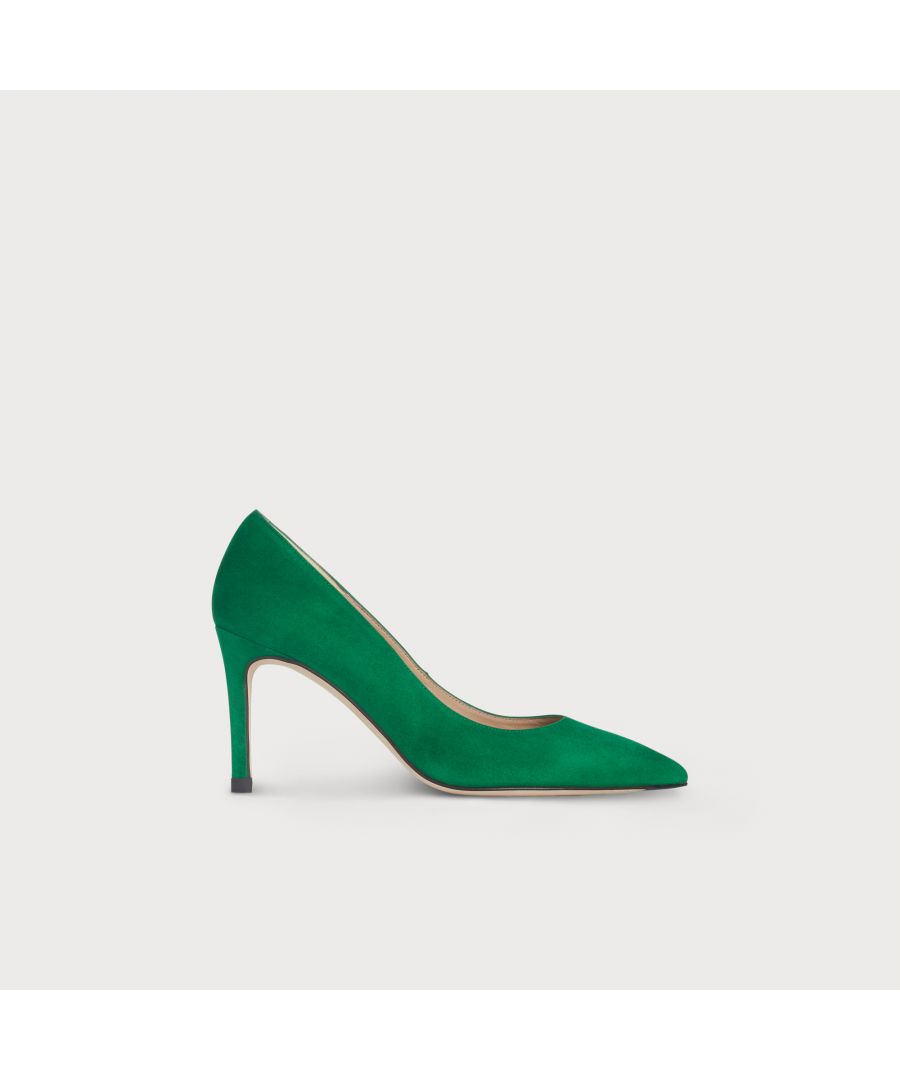 Floret is a capsule wardrobe essential. Crafted from super-soft suede in mint leaf green, this pointed pump stands on a single sole and vertiginous 85mm heel. Perfect for elevating your style by day and night, wear them with everything from skinny leather trousers to tailored pencil skirts, on or off duty.
