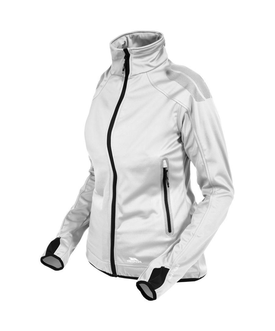 Ladies active jacket. Waterproof: 5000mm, Breathable: 5000mvp. Athletic fit. 2 zippered pockets. Low profile zips. Thumb hole detail. Bonded patch on shoulders and elbow. 100% Polyester.