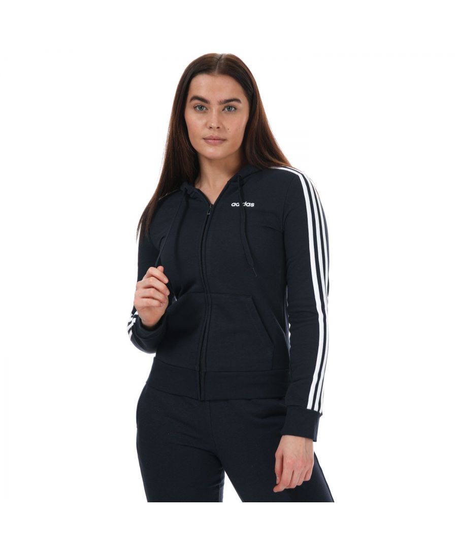 Womens adidas Essentials 3- Stripes Zip Hoody in navy- white.- Drawcord on hood.- Long sleeves with ribbed cuffs.- Zip fastening.- Kangaroo pockets.- Ribbed hem.- Iconic 3-Stripes down the shoulders and sleeves.- Slim fit.- Main Material: 52% Cotton  48% Polyester (Polyester). Hood Lining: 100% Cotton. - Ref: DU0656