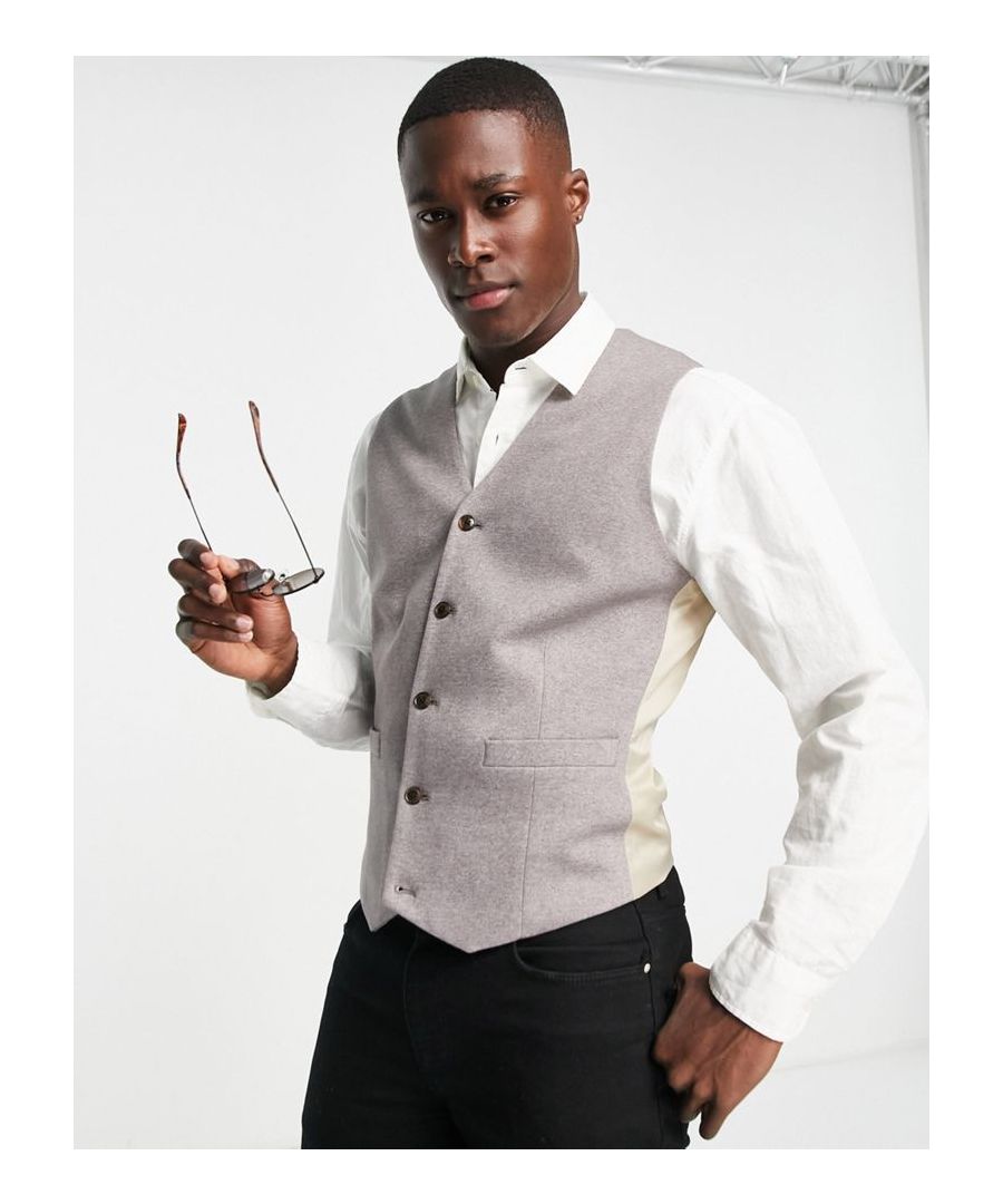Suits by ASOS DESIGN Do the smart thing V-neck Button placket Contrast back with an adjustable cinch Skinny fit  Sold By: Asos