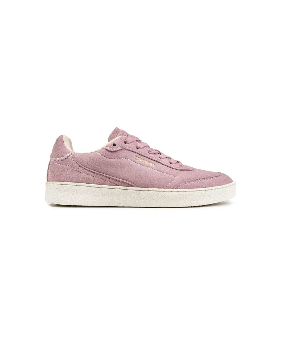 Womens pink Superdry vegan retro sleek trainers, manufactured with suede and a rubber sole. Featuring: cup sole, printed insock and gold tongue branding.