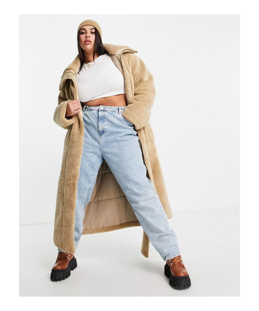 Plus-size coat by ASOS DESIGN Turn up the texture High collar Zip and press-stud fastening Tie waist Side pockets Relaxed fit Sold by Asos