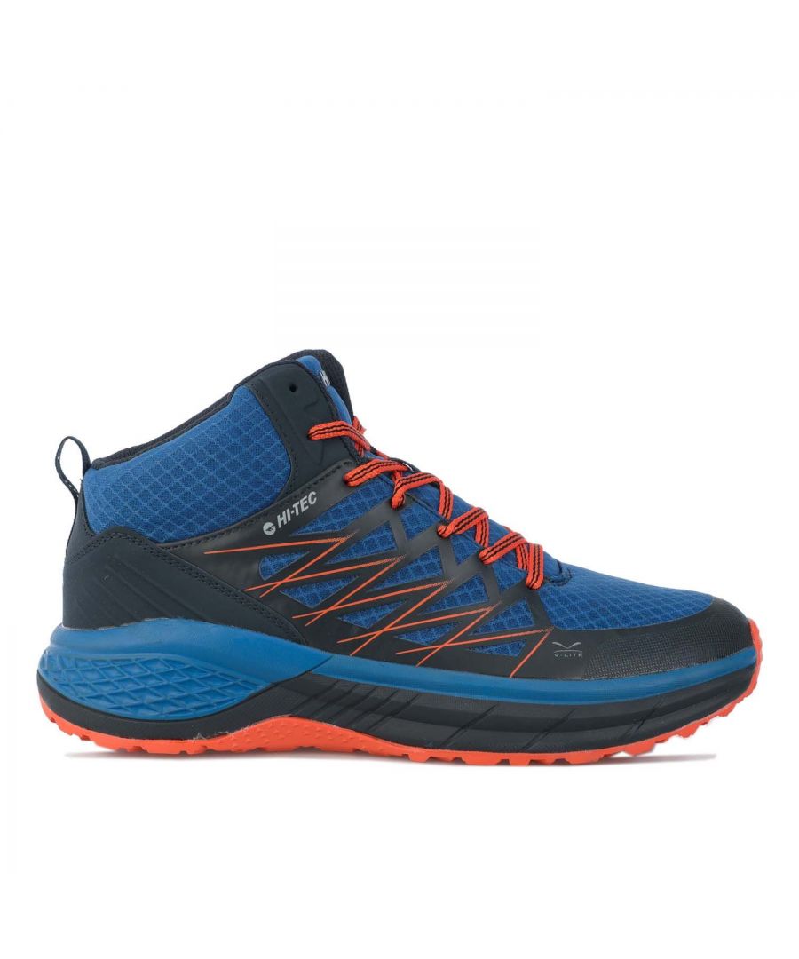 Mens Hi- Tec Trail Destroyer Mid Running Trainers in blue orange.- Synthetic and Textile upper.- Lace closure.- Mesh upper detail.- Heel pull tab.- Padded heel and ankle collar.- Removable foam insole.- Reflective elements.- Hi-Tec branding throughout.- Rubber sole.- Ref:O010196031