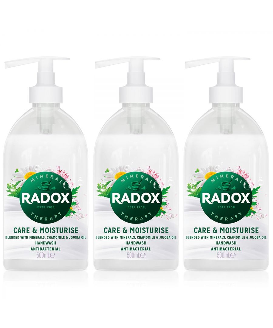 Radox Moisturising and Handwash have chamomile & jojoba oil scents inspired by nature's finest ingredients.\nIt Releases the soothing and moisturising properties of the blend enriched with chamomile & jojoba oil, which helps keeps skin soft and smooth and keeps hands clean and moisturised.\n\nCLEAN & MOISTURISE: Protective hand wash which helps you feel clean & moisturised. A liquid hand wash suitable for daily use, pump out hand wash and liquid soap and lather on hands. Moisturising liquid handwash and hand wash is pH skin neutral, dermatologically tested and suitable for all skin types, Antibac handwash is hard on germs, and gentle on hands.\n\nINSPIRED BY NATURE: Release the moisturising properties of the handwash and scented liquid hand wash leaving you feeling clean and calm. This moisturising hand wash is suitable for all skin types. \n\nIDEAL FOR DAILY USE: Radox Liquid Hand Wash protects against everyday germs including those that can cause skin infections, respiratory infections (influenza) and gastroenteritis. For best results, pump out handwash, lather on hands and rinse with warm water. \nhandwash is pH: skin neutral, dermatologically tested and suitable for all skin types. \n\nKey Features :\nRadox - Nature-Inspired Fragrance!\nRemoves 99.9% of Bacteria\nA hand wash that leaves your hands delightfully fragrant.\nFeel fresh and clean all day.\npH neutral, dermatologically tested.\nMood-changing fragrance pack which makes you feel relaxed.\nSuitable for all skin types.\n\nHow To Use: Wet your hands and apply handwash. Rub it on your hands. Finish off by soaping your wrists before rinsing the liquid handwash off. Rinse with clean water.\n\nWarnings: If the product gets in your eyes, rinse them with warm water. Avoid eyes and other sensitive areas. As we are always looking to improve our products, our formulations change from time to time, so please always check the product packaging before use.