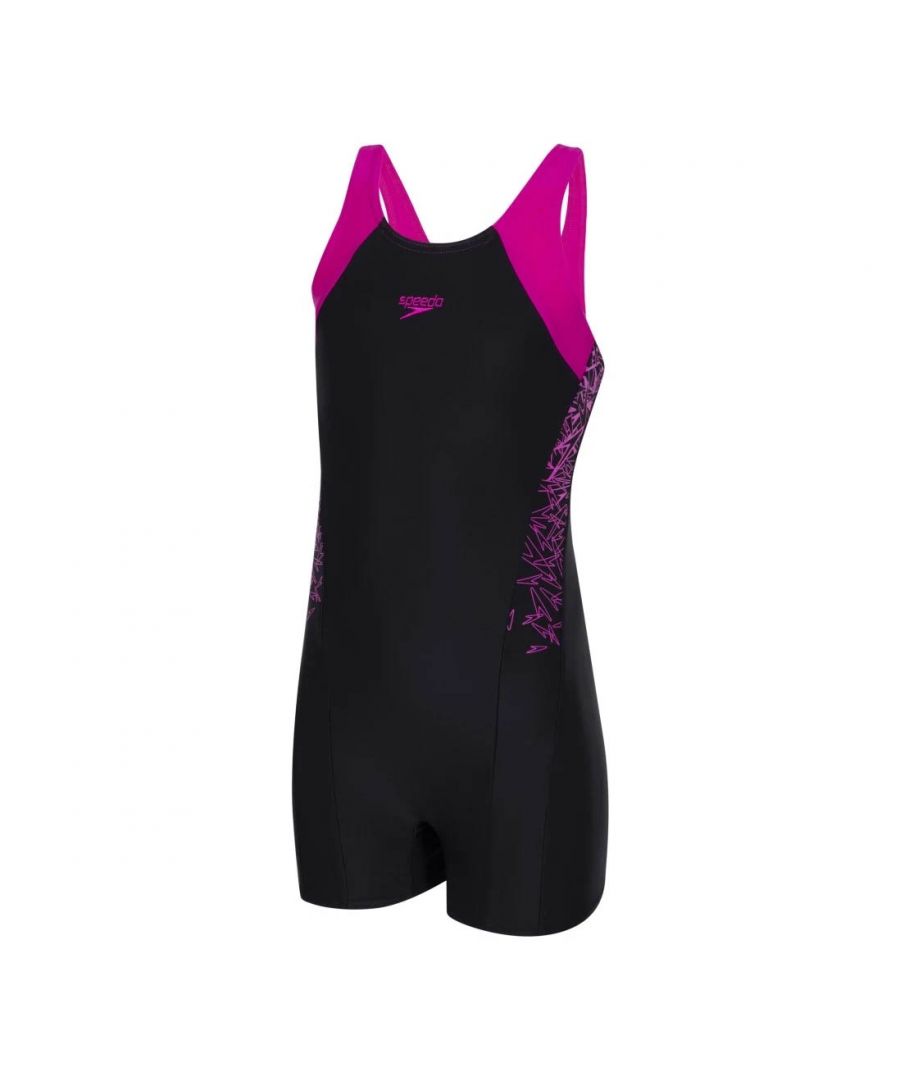 The Speedo Boom Splice Girls Legsuit offers tons of tech and style with extra coverage round the pool.  It features a Muscleback thats great for longer swim sessions with the design allowing full range of motion.   An Endurance10 Fabric with Creora HighClo ensures it keeps its shape and fits like new for longer and retains its colour.  Graphic print down sides and to straps and finished off with a Speedo logo to chest.
