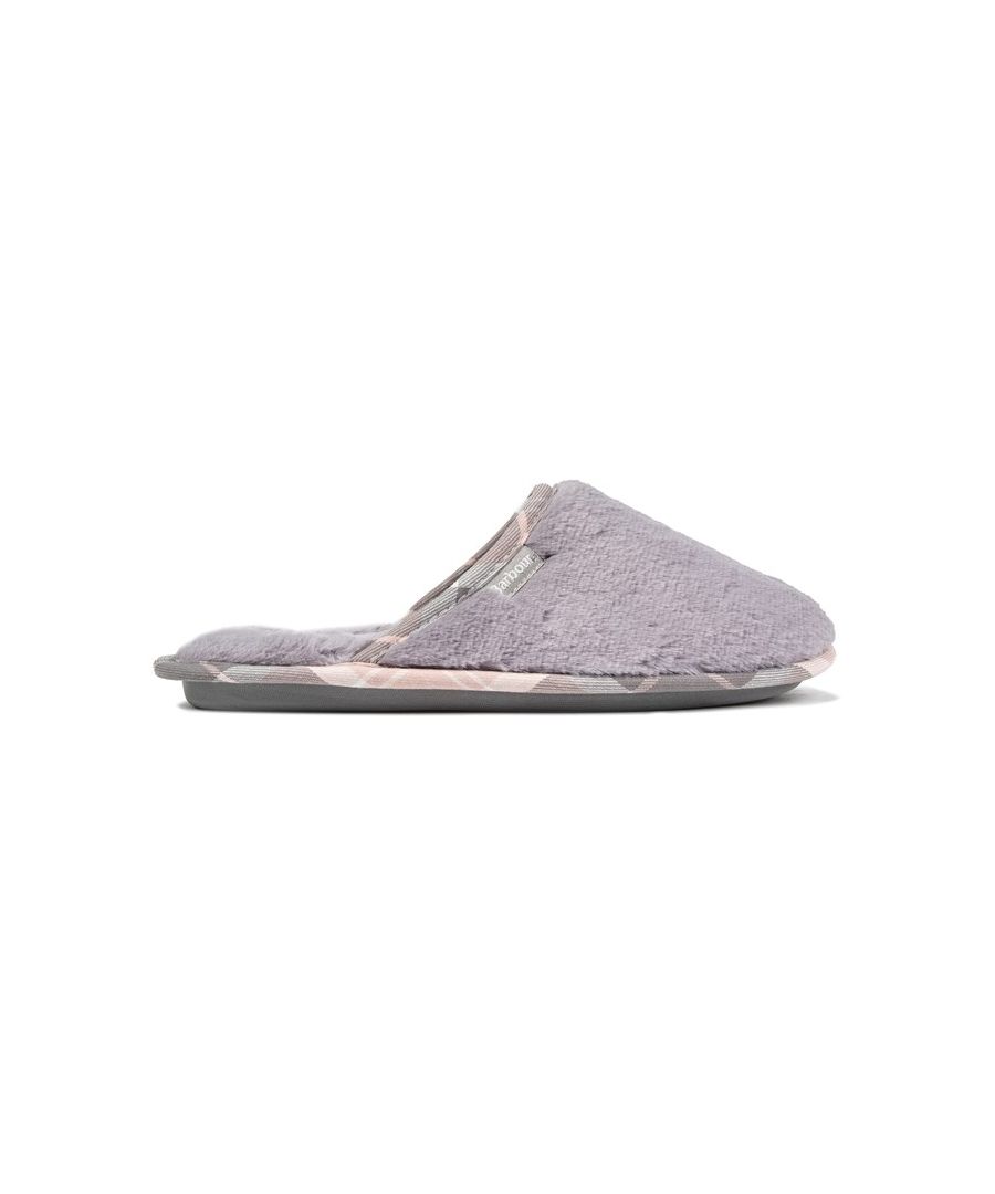 Women's Grey Barbour Agatha Slip-on Mules With Soft Synthetic Fluffy Faux Fur Upper, Tartan Edging, And Woven Branded Sock Tab. These Ladies' Luxury Slippers Have A Padded Sock, And Branded Rubber Grip Sole.
