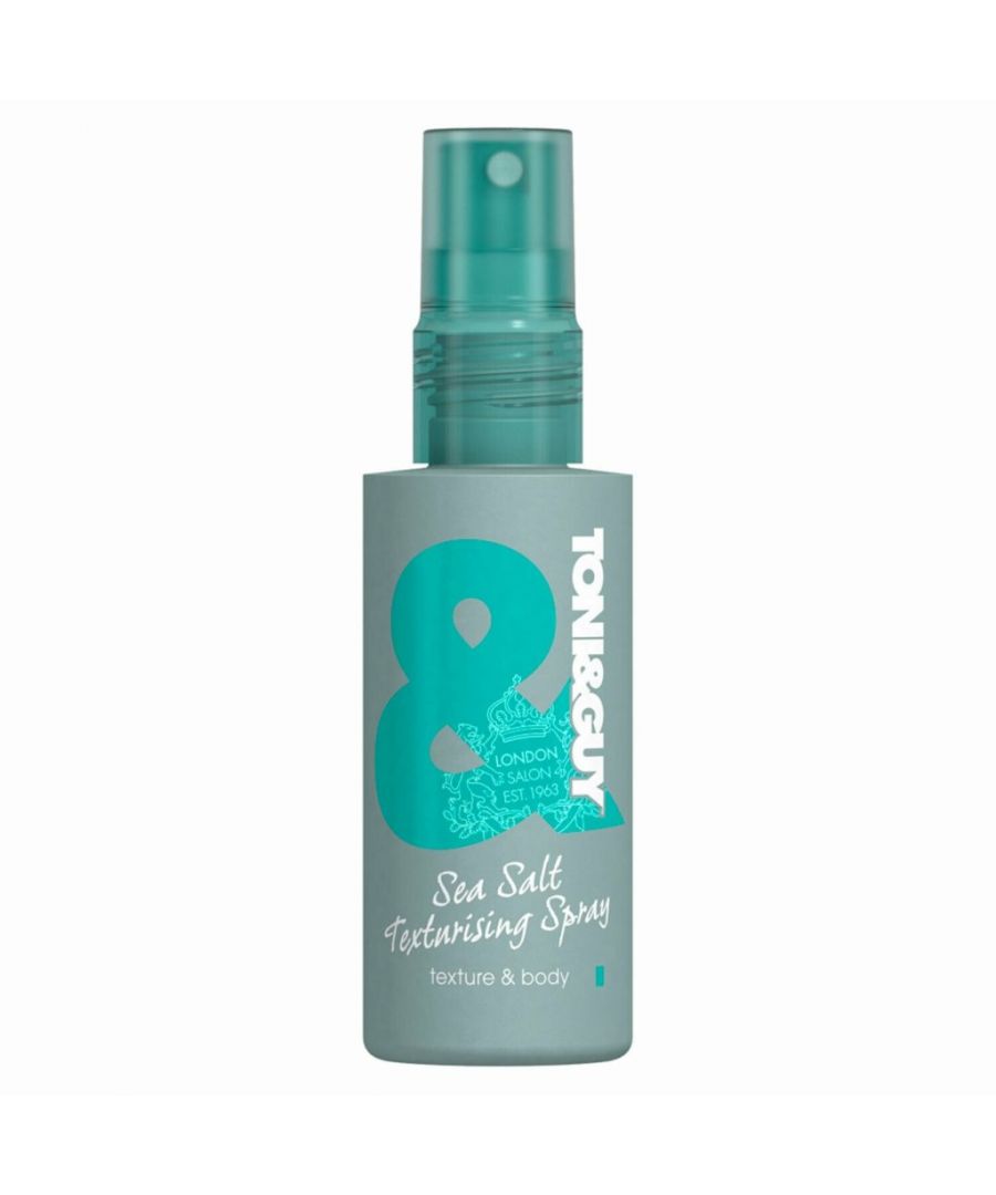 Toni & Guy Sea Salt Texturising Spray 75ml\n\nStyle your hair like you've just stepped out of a salon. Toni & Guy Casual Sea Salt Texturising Spray creates texture and body with a light hold. Suitable for all hair types, its perfect for any type of textured casual hairstyle or lived in, beach look! Spray evenly root to tip, on towel-dried or dry hair and work through to create tousled waves. Buy this product now and carry your hairstyles like never before!\n\n    Take advantage of your long tresses. Style your mane with this Sea Salt Texturising Spray from Toni&Guy. It lets you try your hand at different hairstyles, while giving your hair a lived-in look so it looks natural. \n    For Hair That’s Styled but Not Overdone\n    Enhance your hair’s natural curls or layers. Spritz on a drop or two of this hair spray, for tresses which look effortlessly cool.\n    Lightweight Texture\n    Its lightweight texture holds your hairstyle in place, while allowing it to move naturally.\n    Contains Sea Salt\n    These salts work to enhance the texture of your hair. The spray is suitable for all types of hair.\n\nFeatures & Benefits :\n\n    Creates texture and body with light hold.\n    Its perfect for any type of textured matte casual hairstyle.\n    It adds texture and volume to your hair, giving you a matte finish.\n\nCaution: Use only as directed. Avoid contact with eyes. If eye contact occurs wash out immediately with warm water. If irritation occurs discontinue use.