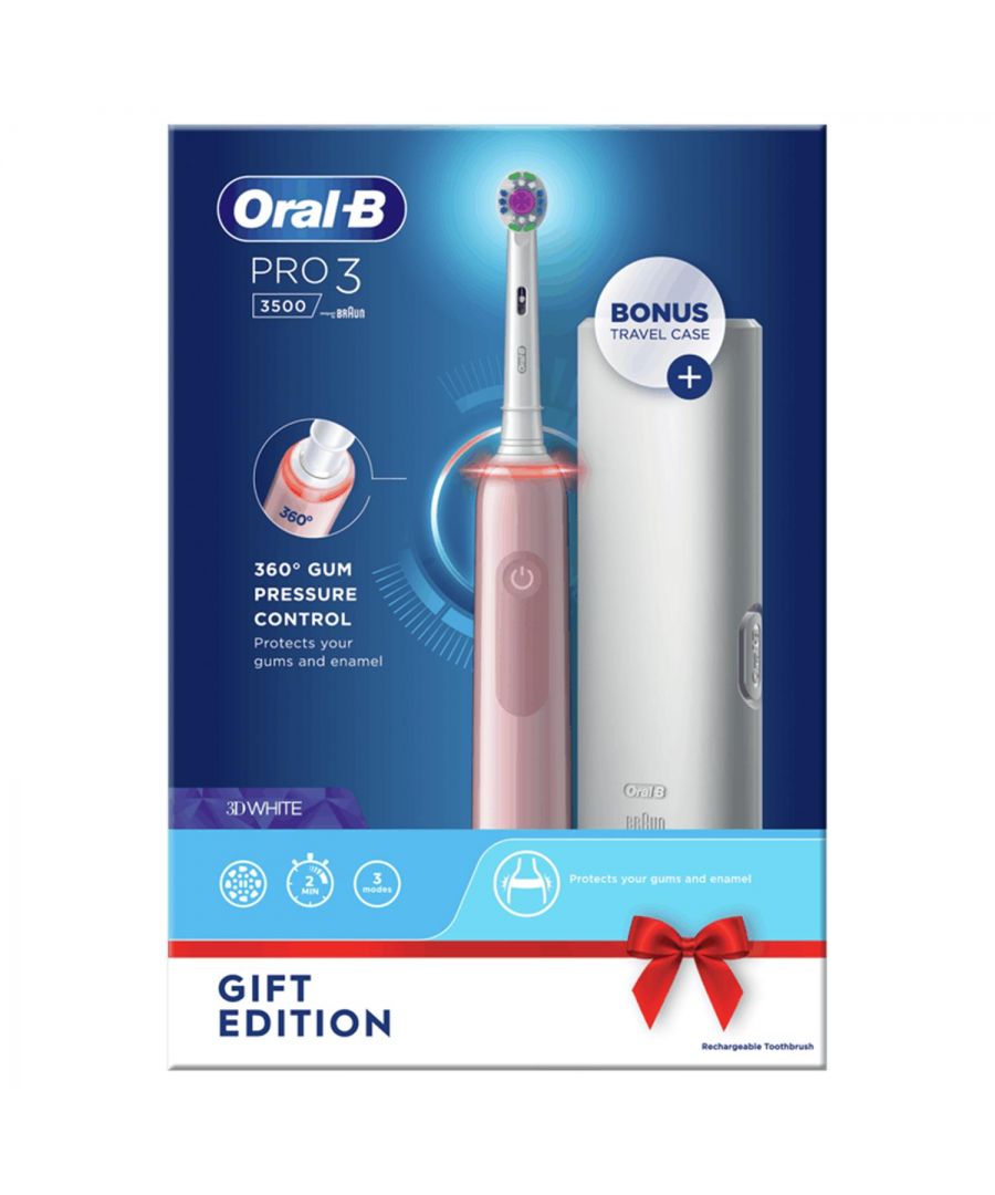 Oral-B Pro 3 3500 Electric Toothbrush with Smart Sensor Cross Action, Pink\n\nExperience Oral-B Pro 3 from the #1 brand used by dentists worldwide. The sleek handle of the Pro 3 electric toothbrush helps you brush like your dentist recommends: It helps you brush for 2 minutes with the professional timer and it notifies you every 30 seconds to change the area you are brushing. \n\nWhile you are just moving the brush around your mouth, Oral-B's unique round head does all the rest. It removes up to 100% more plaque than a standard manual toothbrush for healthier gums and it starts making your smile whiter as of the first day of brushing by removing surface stains. \n\nNot only this, but the toothbrush helps you protect your delicate gums with the 360 ÌŠgum pressure control technology that reduces brushing speed and alerts you to be gentler if you brush too hard. Oral-B Pro 3 is the must-have brush for everyone who wants to switch to an electric toothbrush and improve their oral health.\n\nFor a Clean that Wow: remove bacteria by removing up to 100% more plaque vs. a manual toothbrush\nDeep Cleaning & Healthier Gums: With 360 ÌŠ Gum Pressure Control that visibly alerts you if you brush too hard\n3 Brushing Mode: Daily clean, whitening and sensitive\n\nFeatures:\nBattery lasts more than 2 weeks with 1 charge with the Lithium-ION battery\nHelps you brush like your dentist recommends\nHelps you brush longer with the 2 minutes embedded timer\nIt removes up to 100% more plaque than a standard manual toothbrush\nAn ideal gift set \n\nPackage Includes: 1x Oral-B Pro 3 Electric Toothbrush with Smart Pressure Sensor, 3500, Pink