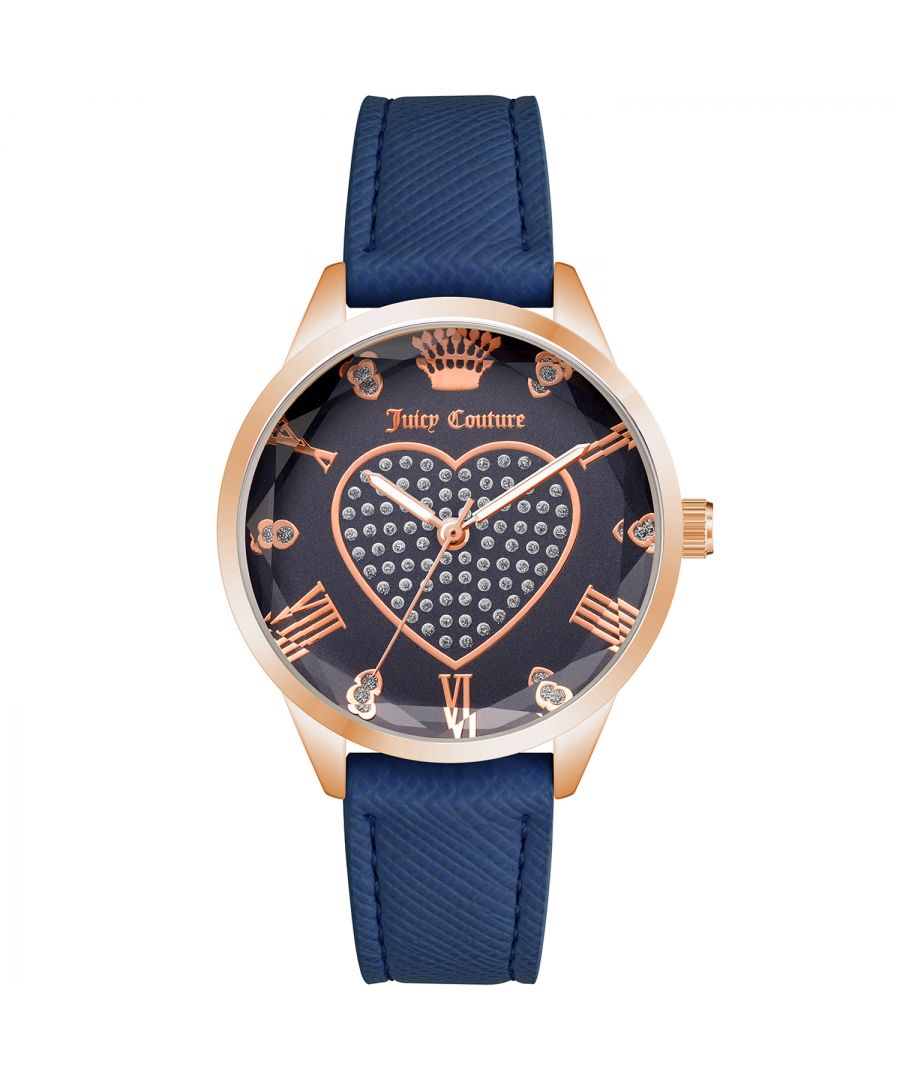 Juicy Couture Watch JC/1300RGNV\nGender: Women\nMain color: Rose Gold\nClockwork: Quartz: Battery\nDisplay format: Analog\nWater resistance: 0 ATM\nClosure: Pin Buckle\nFunctions: No Extra Function\nCase color: Rose Gold\nCase material: Metal\nCase width: 35\nCase length: 35\nFacing: Rhine Stone\nWristband color: Blue\nWristband material: Leatherette\nStrap connecting width: 16\nWrist circumference (max.): 19.5\nShipment includes: Watch box\nStyle: Fashion\nCase height: 8\nGlass: Mineral Glass\nDisplay color: Blue\nPower reserve: No automatic\nbezel: none\nWatches Extra: None