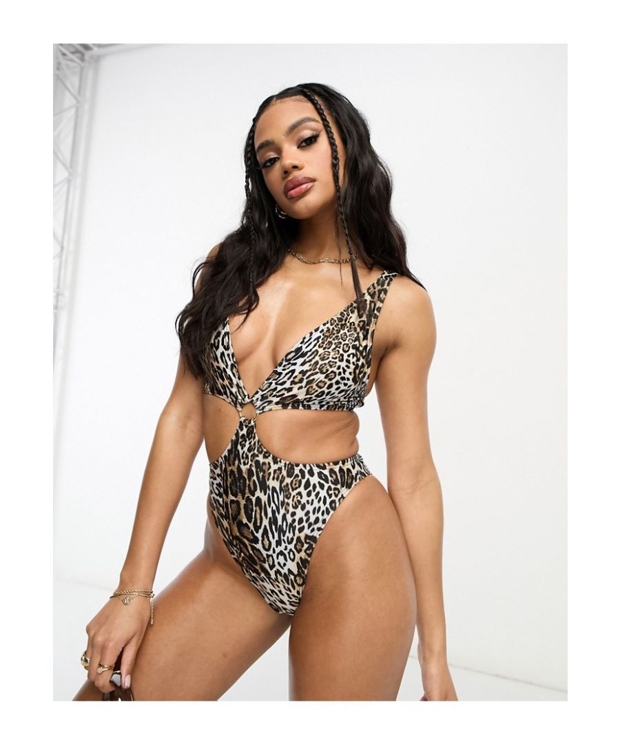 South Beach Womens cut out ring detail swimsuit in leopard print-Multi - Multicolour - Size 10 UK