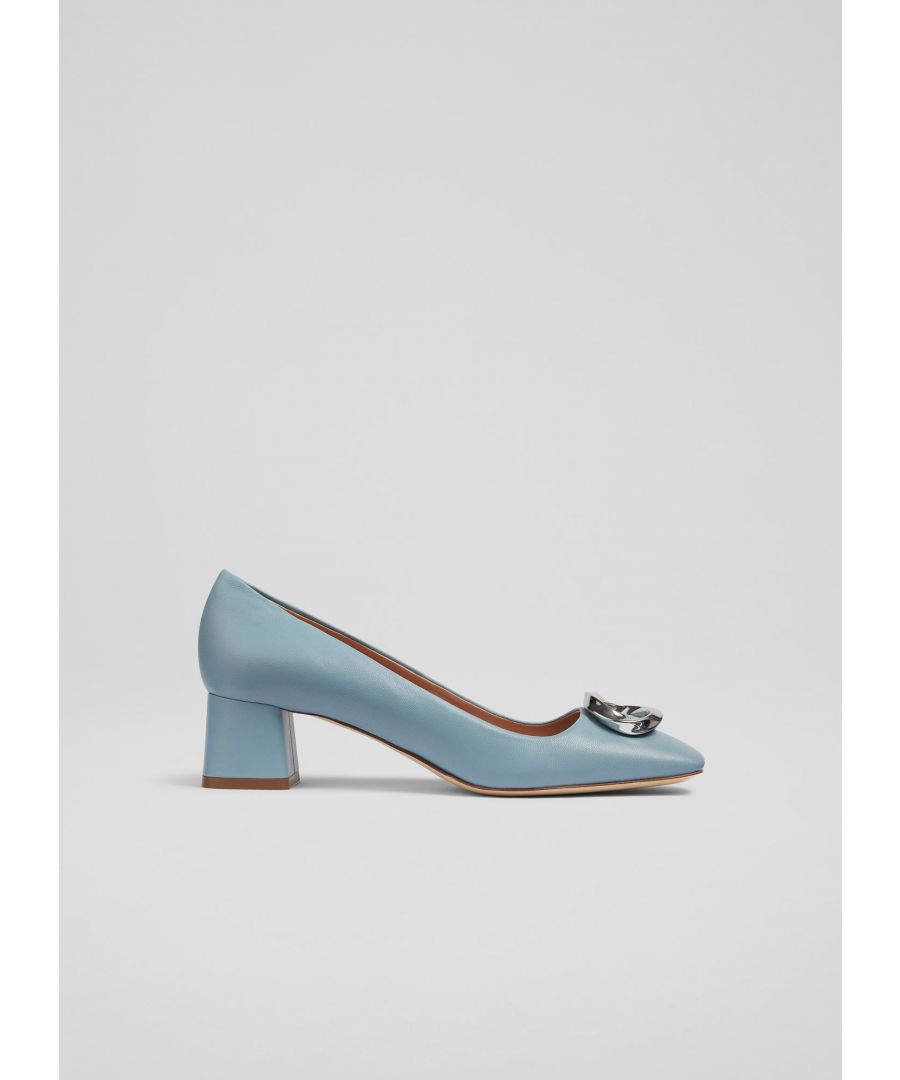With a chic low heel and fun 1960's feel, our Penny courts work well with tailored looks or more casual pieces. Beautifully-crafted in Italy from powder blue nappa leather, they have a round toe, a gold eternity ring embellishment - which is exclusive to LKB - a sleek shape and a low block heel. Wear them to work or on weekends with your favourite denim pieces.