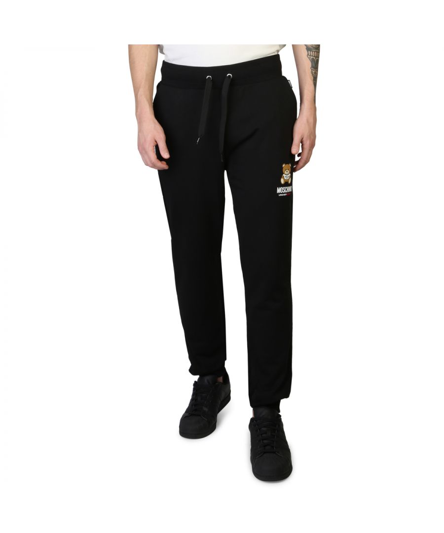 Brand: Moschino Collection: Fall/winter  Gender: Man  Type: Sweatpants  Fastening: Frogs, Elastic Waistband  Pockets: 2  Material: Cotton 92%, Elastane 8%  Pattern: Solid Colour  Washing: Wash at 30°c  Model Height, cm: 185  Model Wears a Size: L  Inside: Fleeced  Hems: Ribbed  Details: Visible Logo