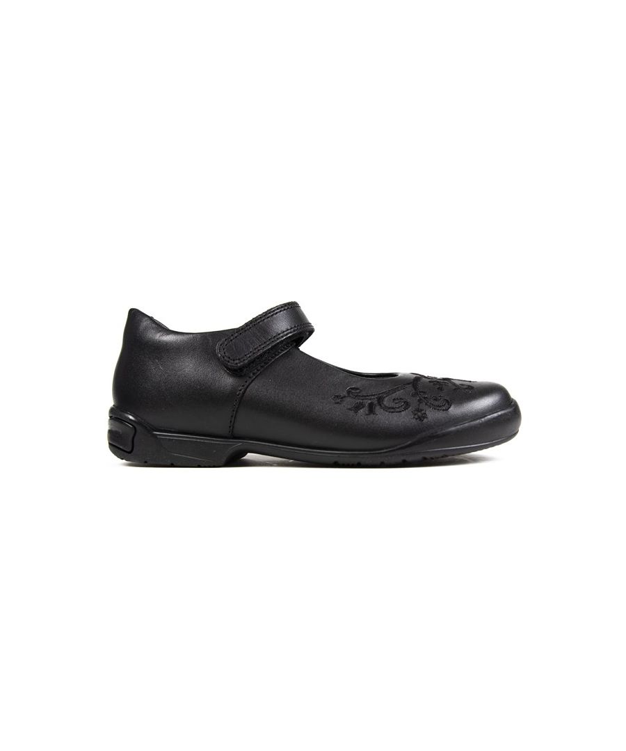 Infant's Black Startrite Hopscotch Round-toe Leather Shoes With Floral Detail On Toe And An Embossed Bow On The Heel. These Comfortable Ballerina Style Flats Have A Padded Ankle Collar, Textile Lining, Cushioned Foam Insole, Adjustable Strap And Grippy Rubber Sole.