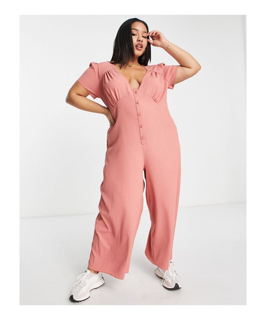 Plus-size jumpsuit by ASOS DESIGN The scroll is over V-neck Cap sleeves Button placket Wide leg Regular fit  Sold By: Asos
