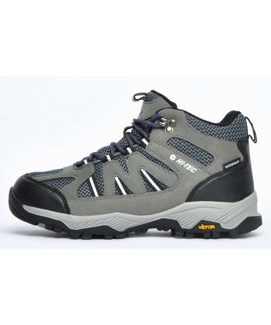 These Hi-Tec Alpha Pro Vent waterproof walking boots utilise a waterproof membrane to keep feet dry and comfortable no matter what the weather! With an Vibram rugged rubber outsole, and a synthetic suede and textile mesh upper, these mens boots provide the ultimate in premium comfort and durability on those long hikes and outdoor walks. \n The synthetic suede upper allows feet to move more freely, whilst the textile panelling provides breathability and ventilation, helping to keep feet cool and dry whilst out hiking. A waterproof construction utilises a fully waterproof membrane which is guaranteed to keep your feet dry. A reinforced, padded midsole leaves an abundance of comfort and protection, whilst the versatile Vibram outsole is manufactured with durable rubber, suitable for use on a wide range of surfaces and guaranteed to deliver fatigue free wear all day long. \n - Hi Tec all terrain hiking boots \n - Full lace up fronts deliver a locked down fit \n - Textile mesh and synthetic suede upper \n - Waterproof membrane \n - Heel and tongue pull tab for easy on / off wear\n - Padded heel and ankle collar\n - Eva footbed enhances underfoot comfort \n - Midsole unit delivers exceptional cushioning \n - Rugged Vibram outsole offers excellent surface grip\n - Hi-Tec branding throughout