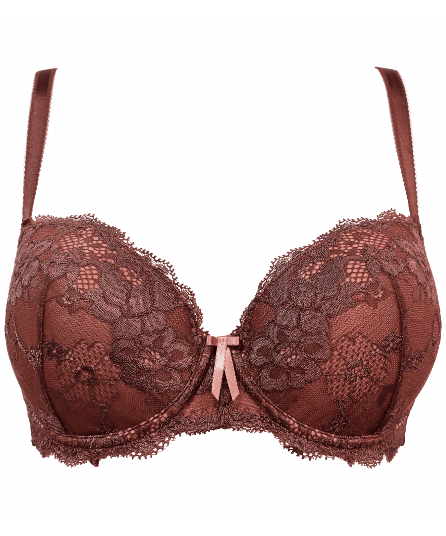 Adjustable straps for added support. Hook and eye fastening. Plunge style. Padded cups. Balconette shape. Underwired. Soft lace detailing.