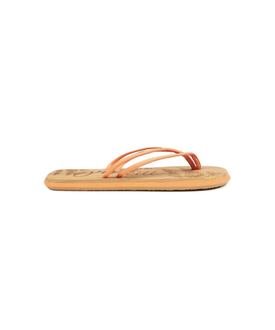 Kids O'Neill Ditsy slip-on sandalen met kurkeffect in oranje. zachte stringriem en gedrukte branding op gestructureerd voetbed. Deze slippers zijn gemaakt met een synthetisch bovenwerk en een comfortabele EVA-merkzool met oranje streep.