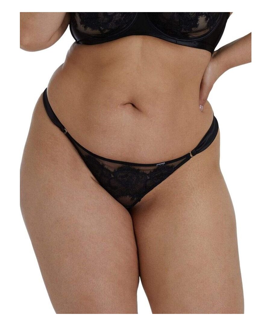 The Playful Promises Anneliese Curve Brazilian thong features ravishing lace and mesh at the front with satin straps to adorn the hips. A large bow at the back makes you look like you came gift wrapped!\n\n100% cotton gusset\nBlack lace and mesh\nSatin straps\nThong back\nBow detail at back\nComposition: 92% Polyester | 8% Elastane\n\nListed in UK sizes
